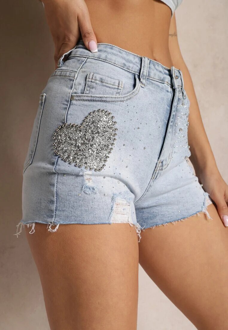 daysie Pantaloni scurți din denim albaștri cu talie înaltă cu zirconii și rupturi Renpa