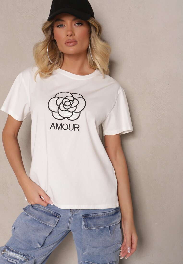 defox Bluză Albă Din Bumbac Decorată cu text și broderie Nalanith