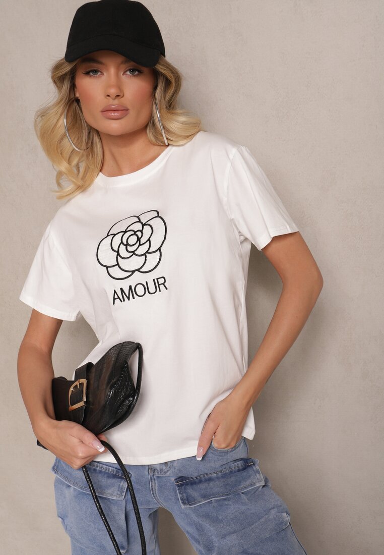 defox Bluză Albă Din Bumbac Decorată cu text și broderie Nalanith