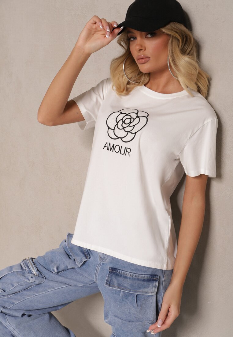defox Bluză Albă Din Bumbac Decorată cu text și broderie Nalanith