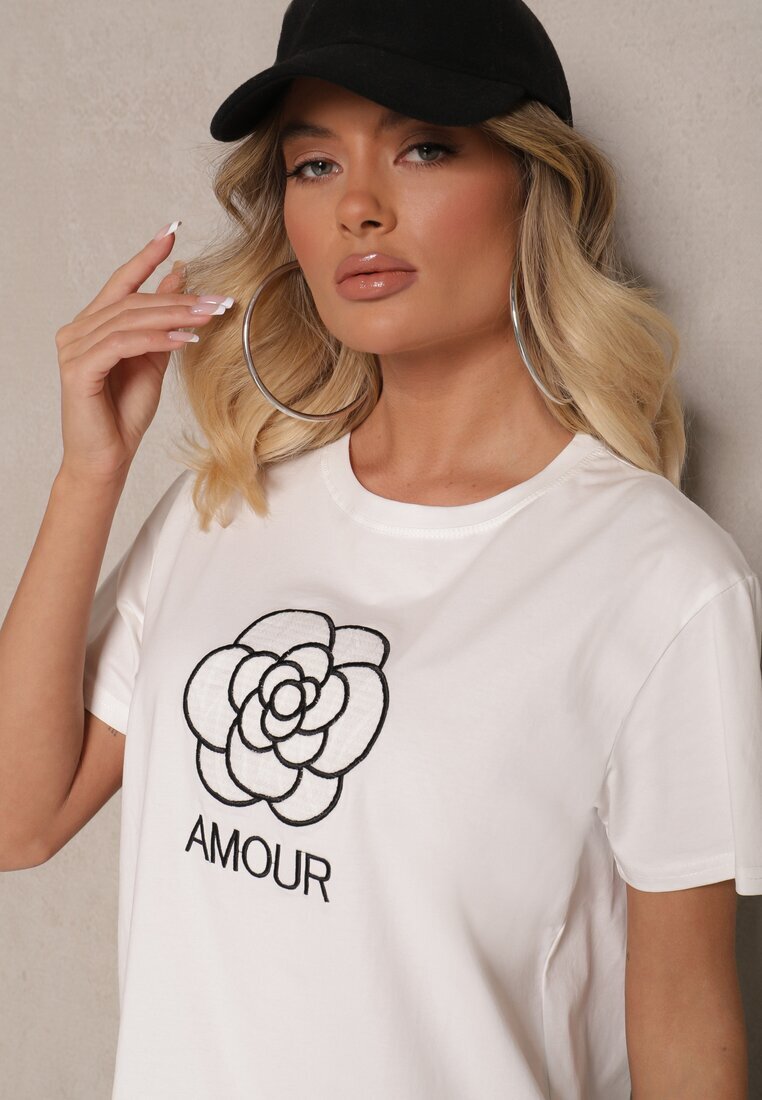 defox Bluză Albă Din Bumbac Decorată cu text și broderie Nalanith