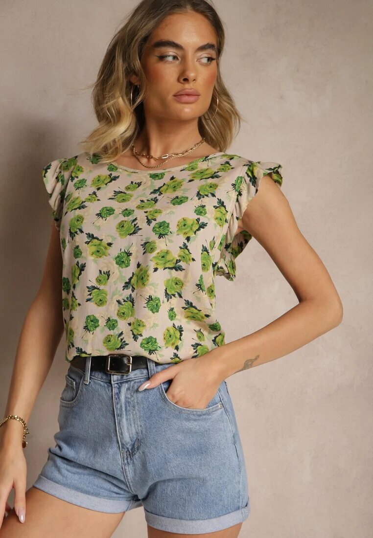 defox Bluză Florală Verde din Bumbac Ulosirenia