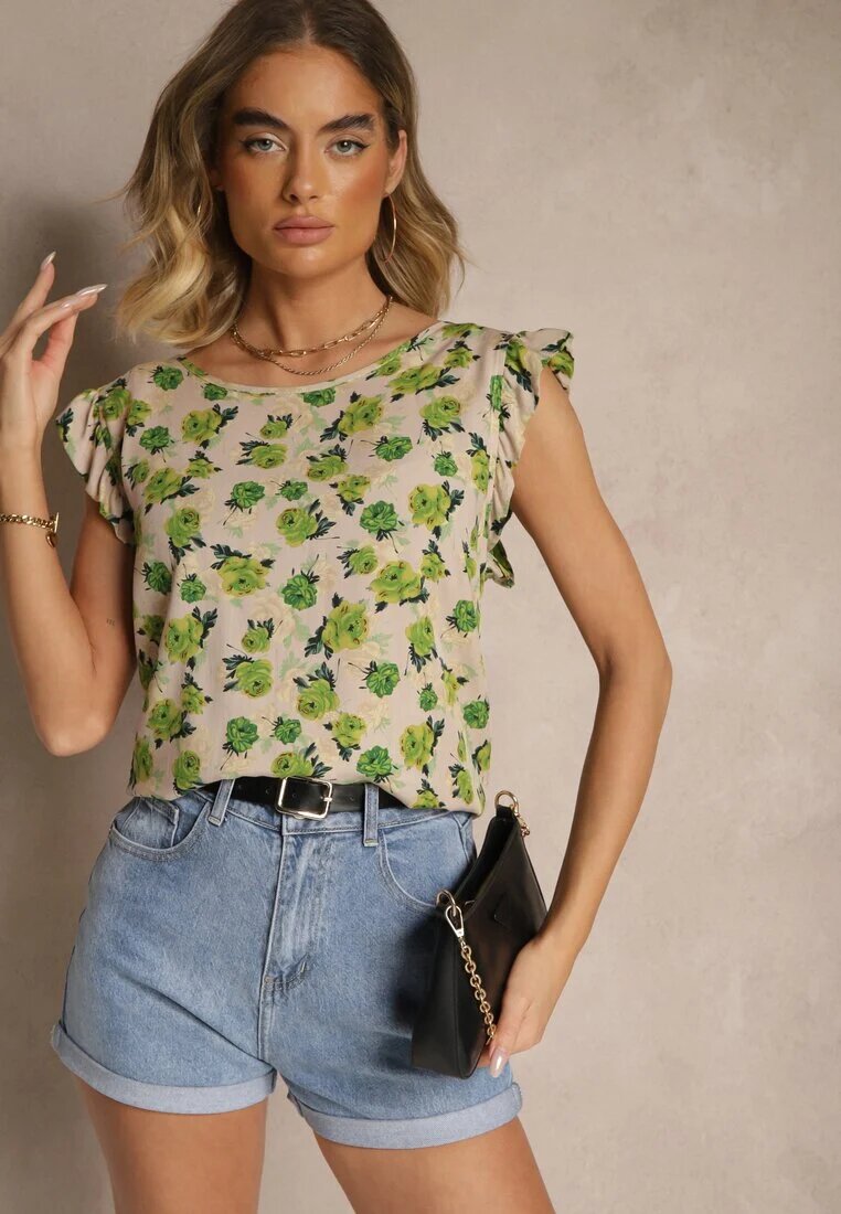 defox Bluză Florală Verde din Bumbac Ulosirenia