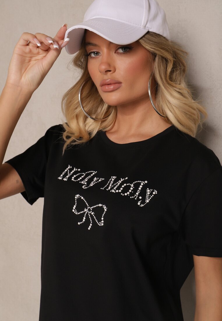 defox Bluză Neagră din Bumbac Decorată cu o Fundă și cu Inscripția Nelanal