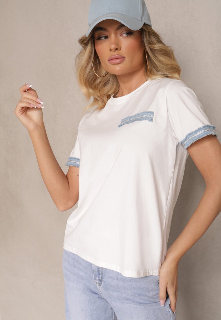 defox Bluză T-shirt Albă din Bumbac Oversize cu Finisaj Decorativ Mirnil