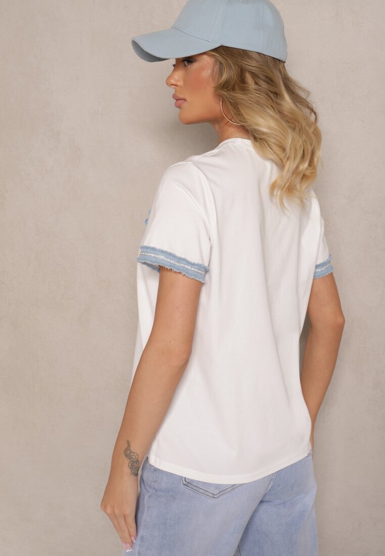 defox Bluză T-shirt Albă din Bumbac Oversize cu Finisaj Decorativ Mirnil