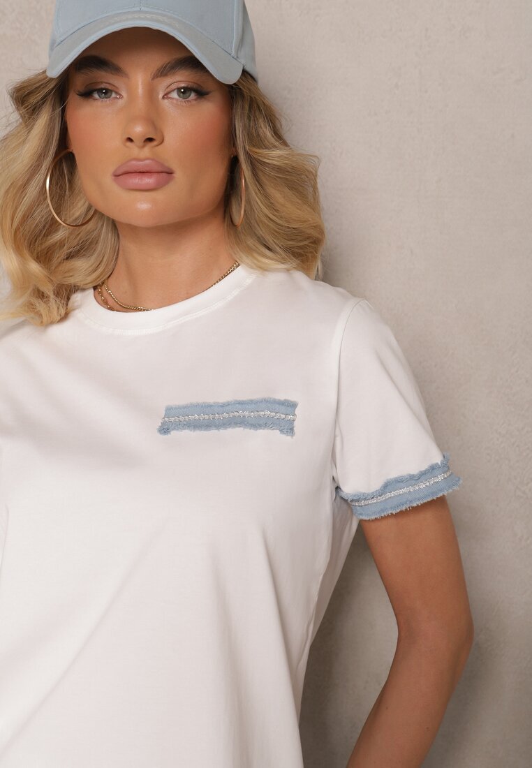defox Bluză T-shirt Albă din Bumbac Oversize cu Finisaj Decorativ Mirnil