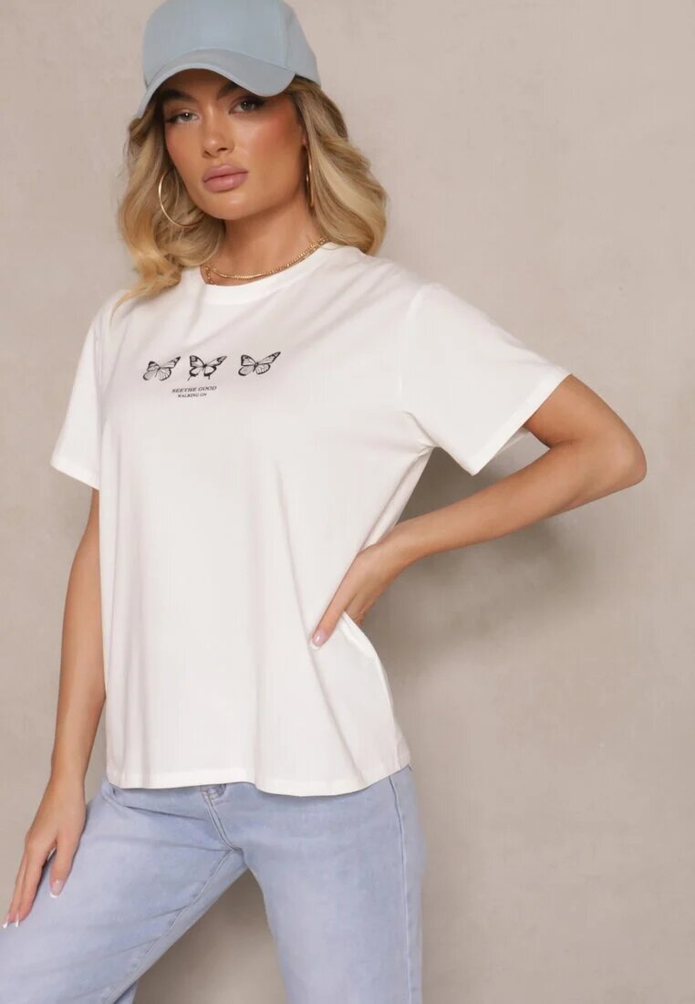 defox Bluză Tricou Albă din Bumbac Oversize cu Aplicație în Formă de Fluturi Elmaris