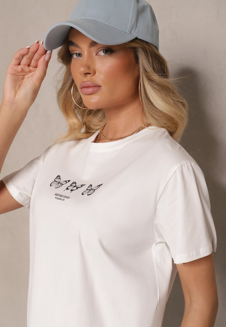 defox Bluză Tricou Albă din Bumbac Oversize cu Aplicație în Formă de Fluturi Elmaris
