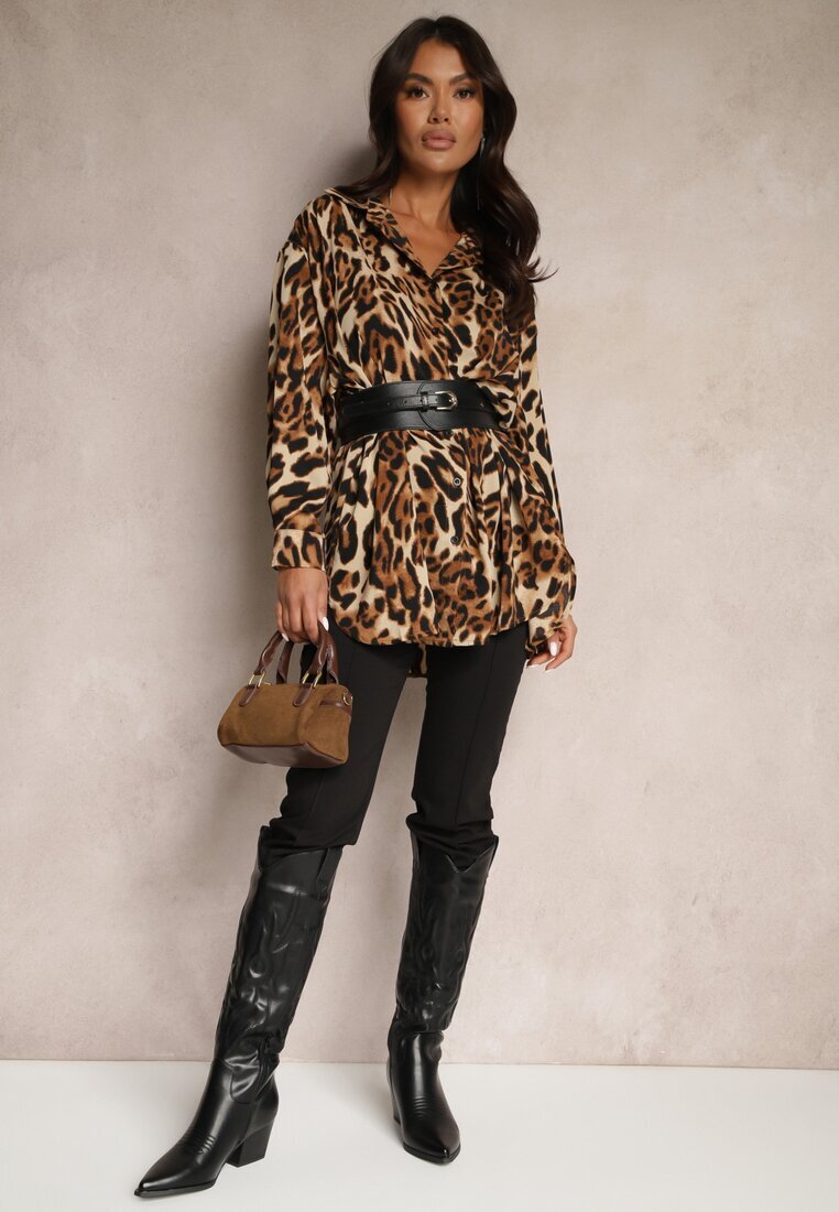 defox Cămașă Maro-Neagră Oversize Decorată cu imprimeu leopard Hanavia