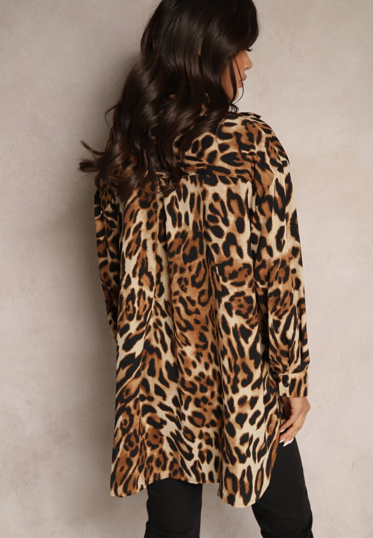 defox Cămașă Maro-Neagră Oversize Decorată cu imprimeu leopard Hanavia
