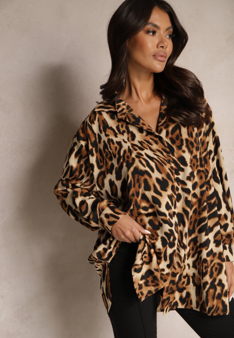 defox Cămașă Maro-Neagră Oversize Decorată cu imprimeu leopard Hanavia
