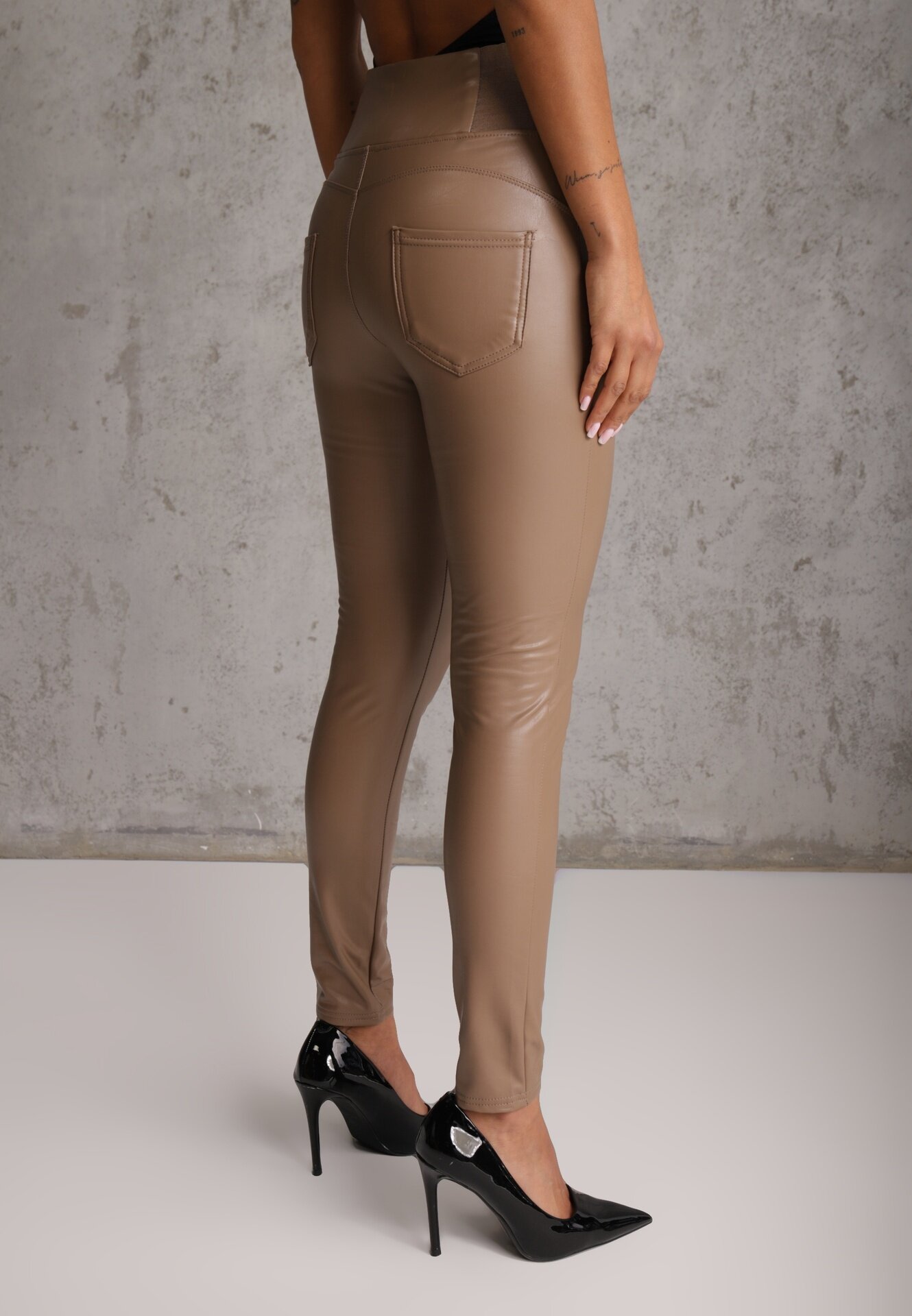 defox Colanți Bej închis din imitație de piele High Waist cu căptușeală Felilith