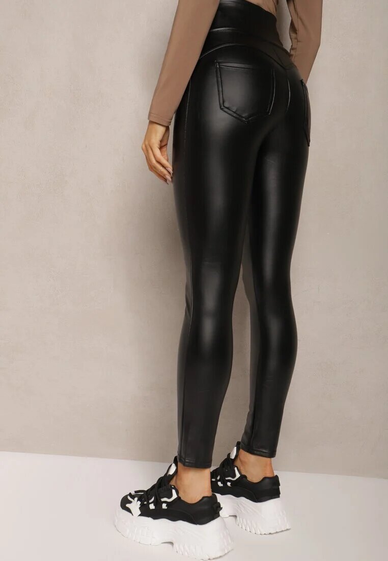 defox Colanți Negri din Piele Ecologică High Waist cu Imitații de Buzunare Salabria