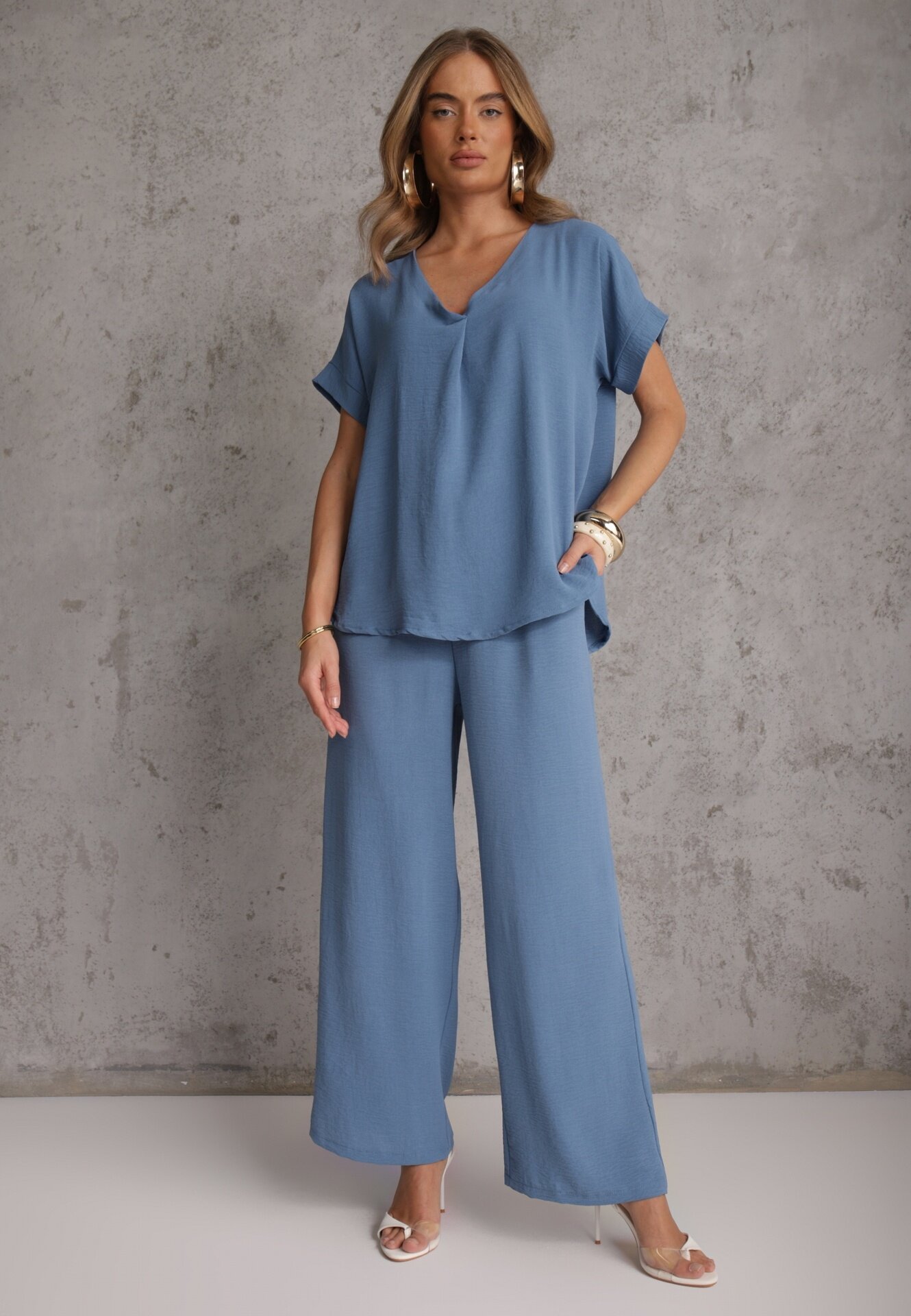 defox Compleu Albastru deschis Bluză și Pantaloni Largi din Viscoză și cu Buzunare Efraria