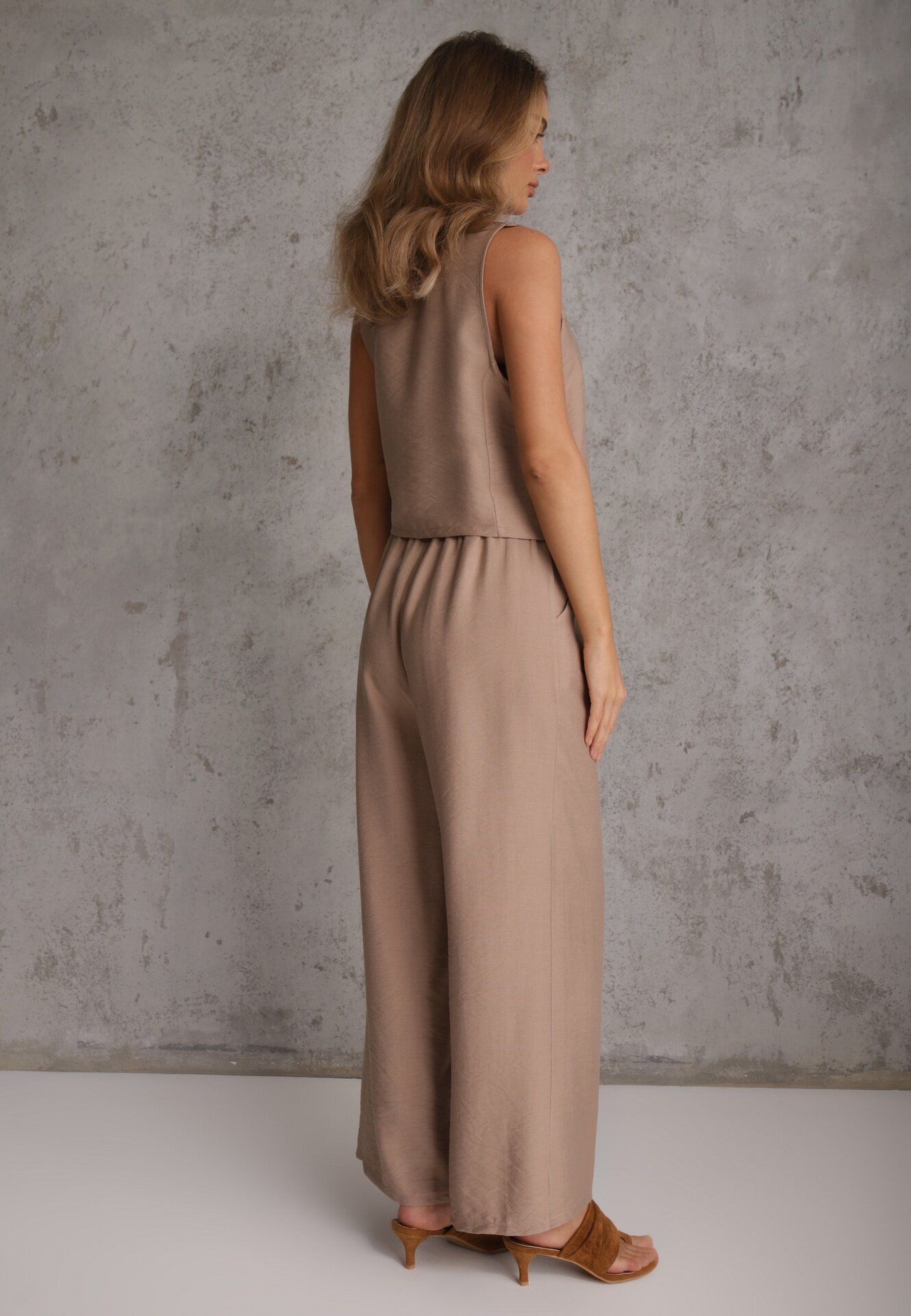 defox Compleu de vară din vâscoză vestă de costum și pantaloni wide leg Norelis Bej