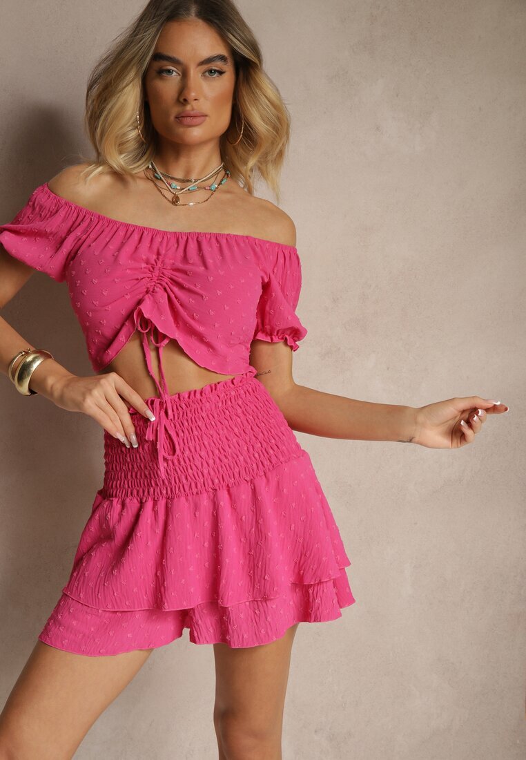 defox Compleu Fucsia cu relief decorativ Fustă-Pantaloni scurți și Bluză spaniolă Sarilessa