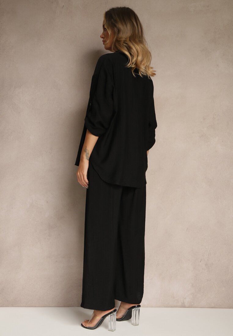 defox Compleu Negru din viscoză cu Croială Lejeră cu Cămașă și Pantaloni Sesorilia
