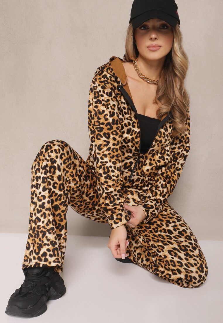 defox Compleu Trening Maro deschis cu imprimeu leopard Bluză și Pantaloni cu croială largă Zelhira