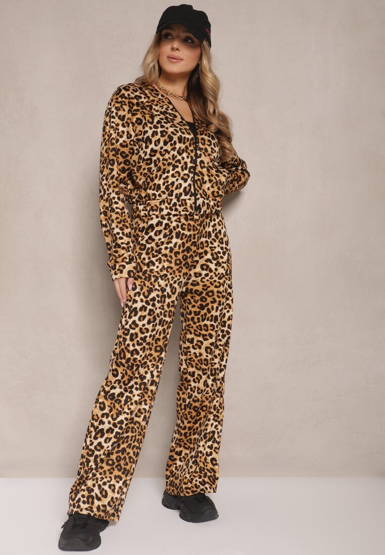 defox Compleu Trening Maro deschis cu imprimeu leopard Bluză și Pantaloni cu croială largă Zelhira