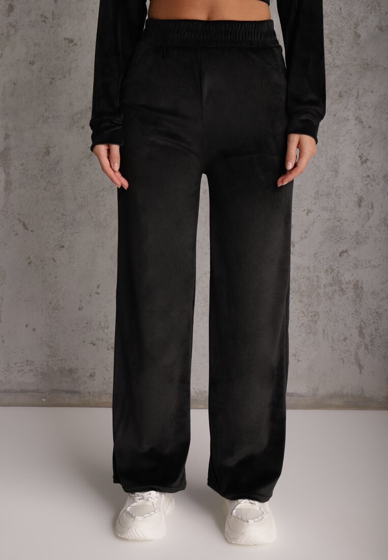 defox Compleu Trening Negru din Tricot Velur Pantaloni Largi și Bluză Scurtă Avilti