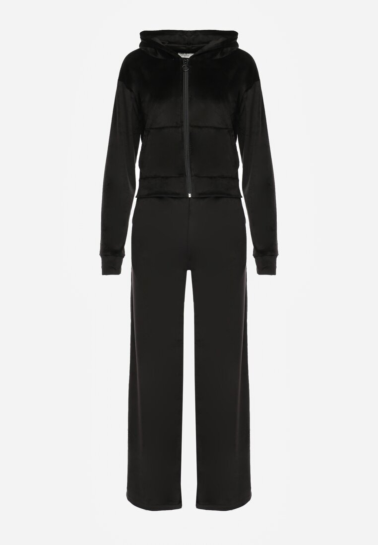 defox Compleu Trening Negru din Tricot Velur Pantaloni Largi și Bluză Scurtă Avilti
