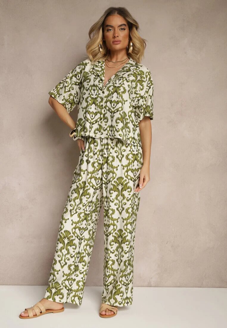 defox Compleu Verde închis din Viscoză cu Imprimeu Ornamental Cămașă și Pantaloni Largi Sarilsa