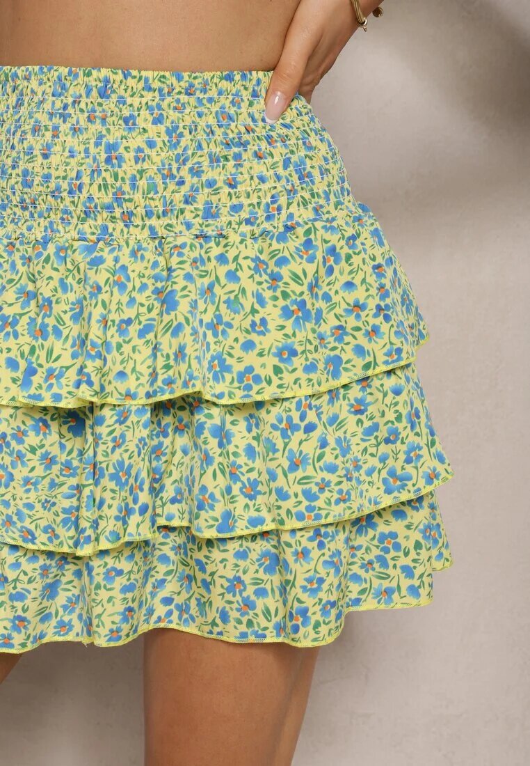 defox Fustă Mini Evazată Galben-Albastră Florală cu elastic în talie și volane Ademelina