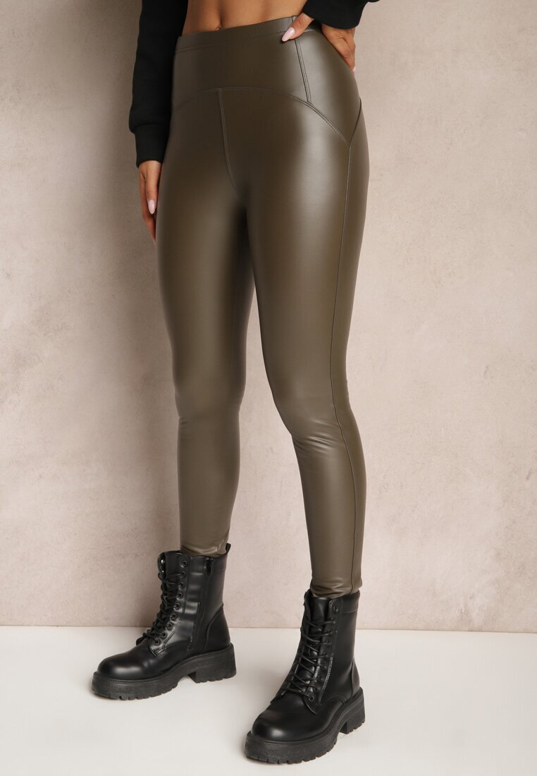 defox Legginsy Ciemnozielone Push Up din Imitație de Piele Sialo