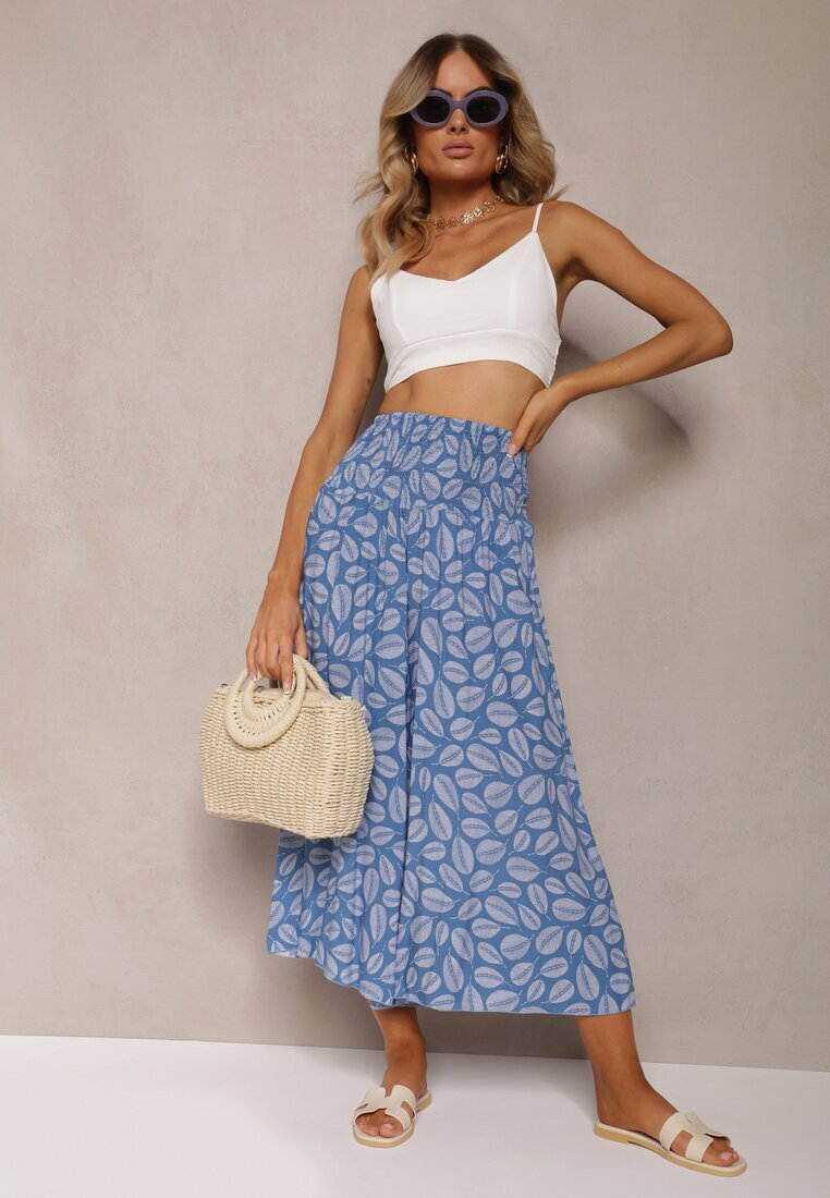 defox Pantaloni albaștri din bumbac cu picioare largi 7/8 și elastic în talie Elenthe