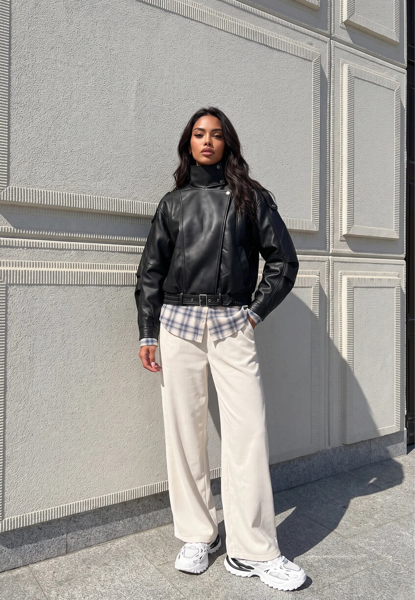 defox Pantaloni Albi cu croială largă High Waist cu legătură în talie Ettianne