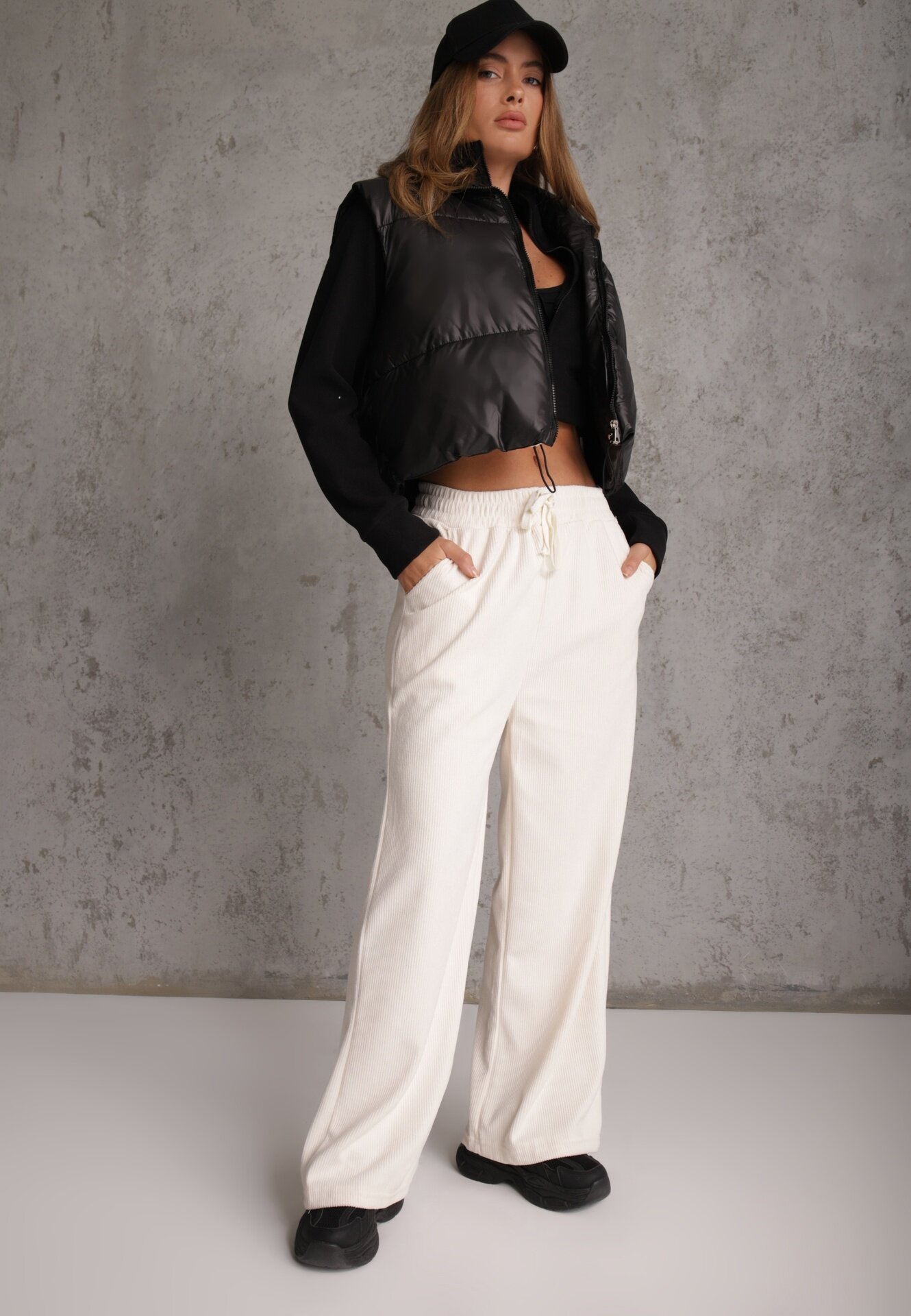 defox Pantaloni Albi cu croială largă High Waist cu legătură în talie Ettianne