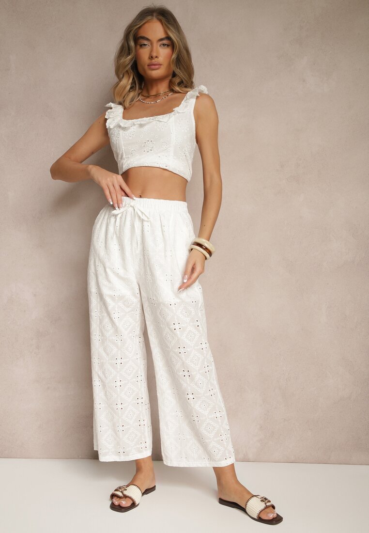defox Pantaloni Albi High Waist din țesătură de bumbac decorați cu broderie Mevirona