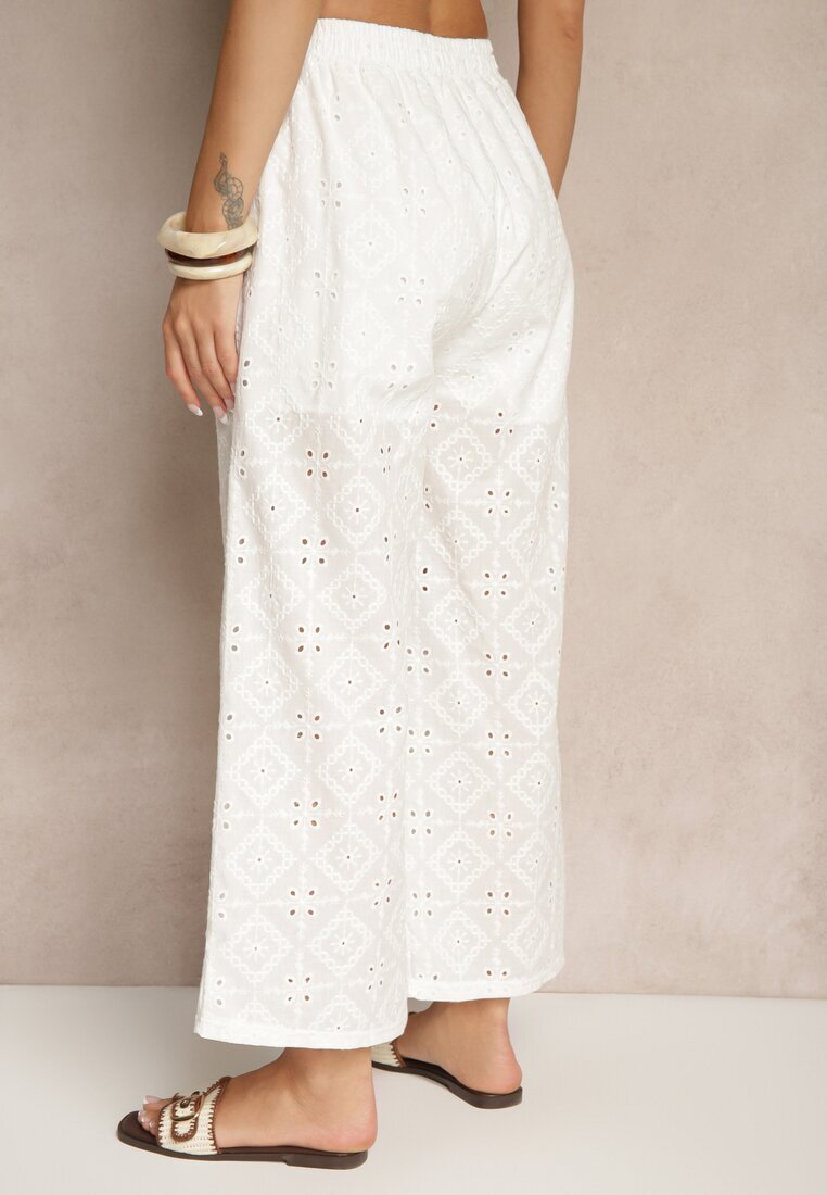 defox Pantaloni Albi High Waist din țesătură de bumbac decorați cu broderie Mevirona