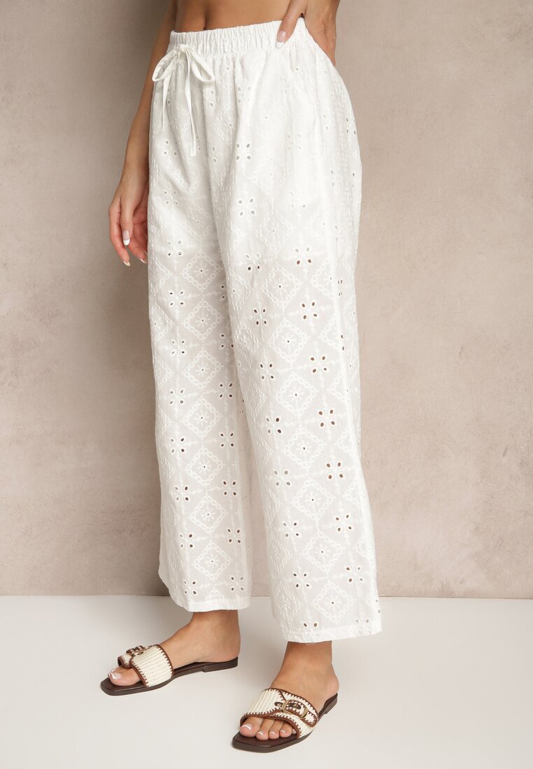 defox Pantaloni Albi High Waist din țesătură de bumbac decorați cu broderie Mevirona