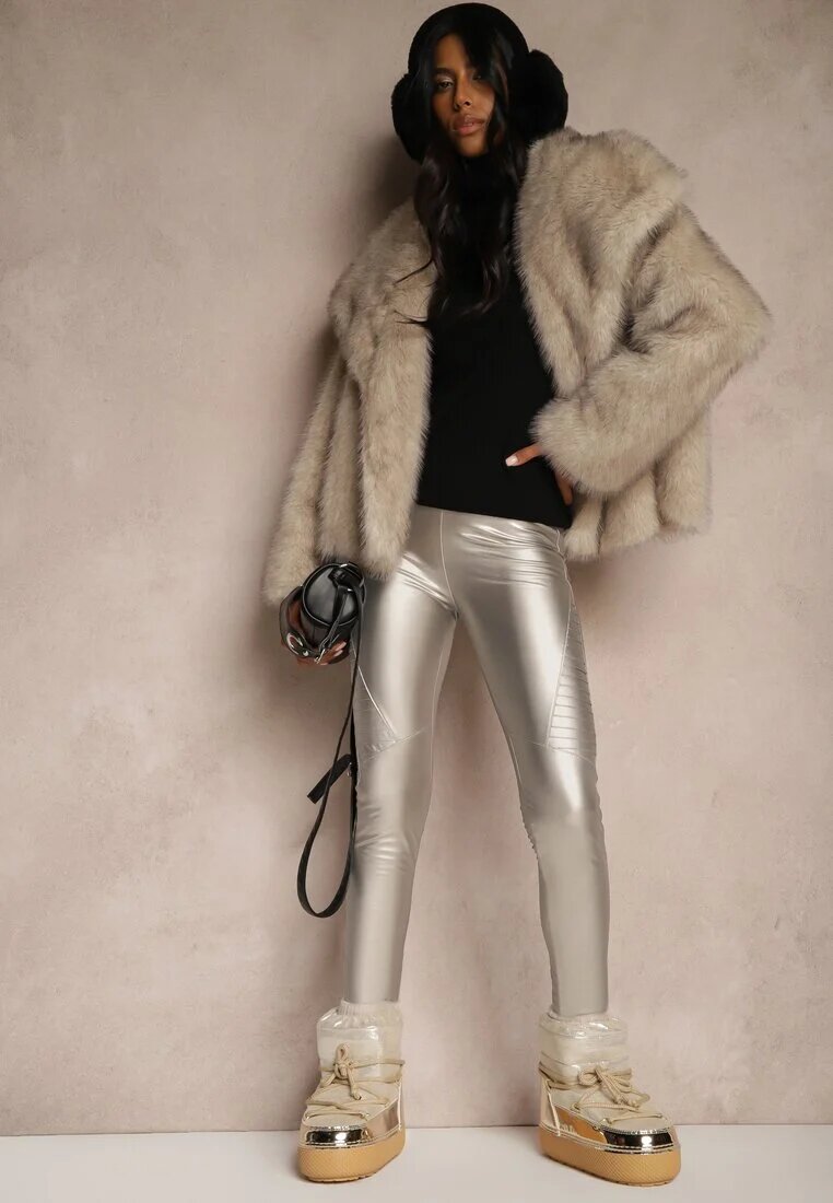 defox Pantaloni Argintii de Piele Ecologică Skinny High Waist Căptușiți cu Fleece Lavimi