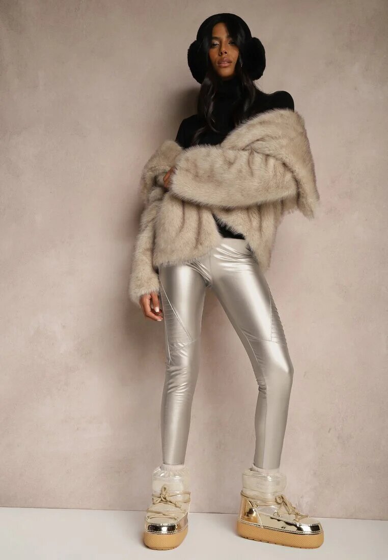 defox Pantaloni Argintii de Piele Ecologică Skinny High Waist Căptușiți cu Fleece Lavimi
