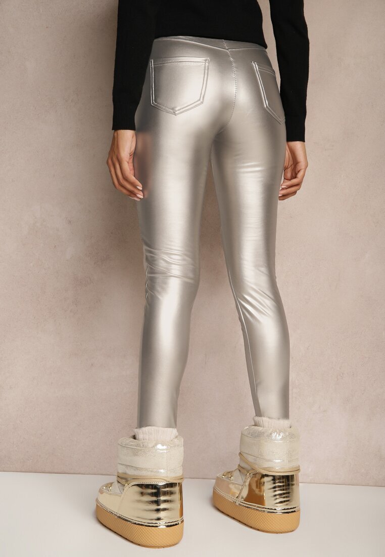defox Pantaloni Argintii de Piele Ecologică Skinny High Waist Căptușiți cu Fleece Lavimi