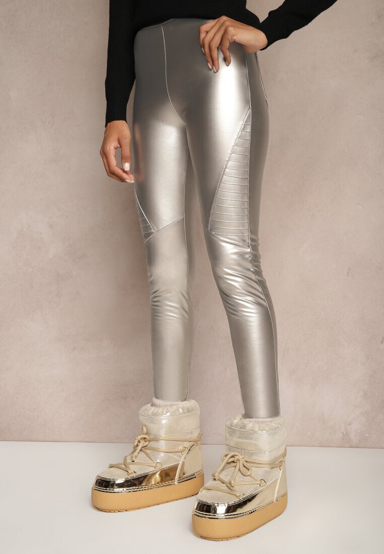 defox Pantaloni Argintii de Piele Ecologică Skinny High Waist Căptușiți cu Fleece Lavimi