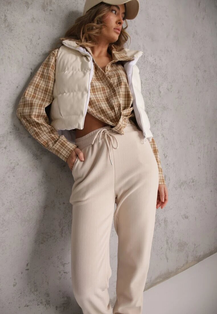 defox Pantaloni Bej de Trening din Bumbac cu Căptușeală Călduroasă Decorați cu Șnur Citila