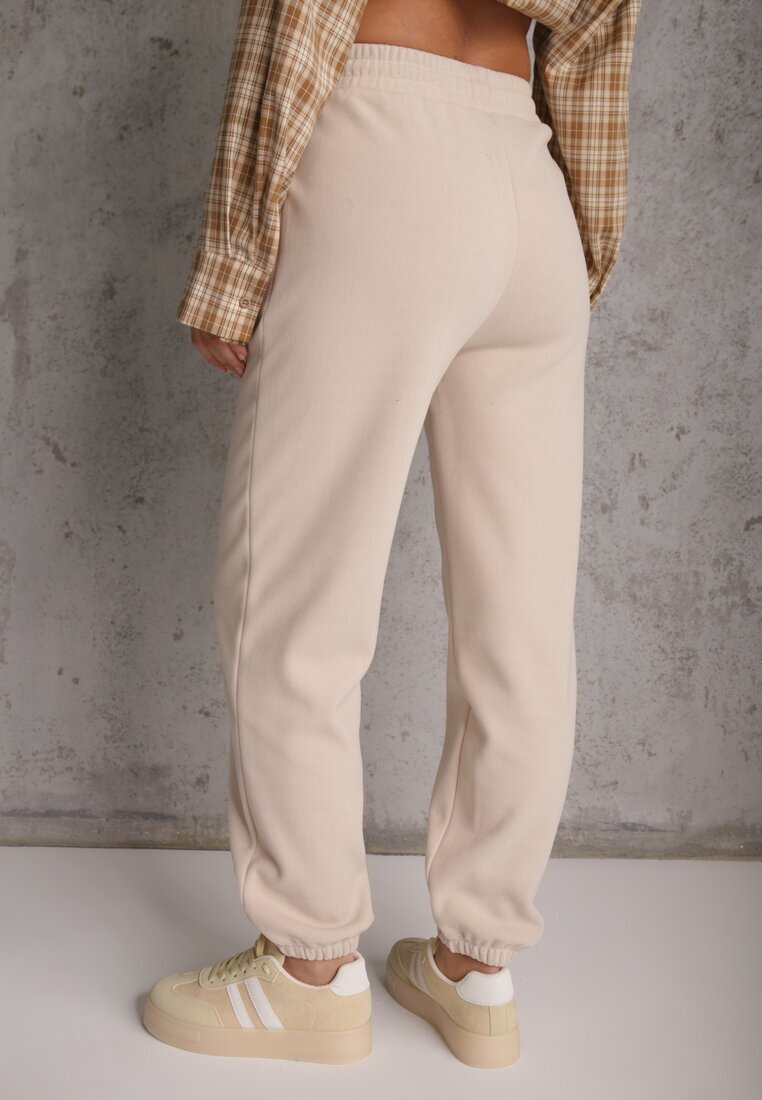 defox Pantaloni Bej de Trening din Bumbac cu Căptușeală Călduroasă Decorați cu Șnur Citila