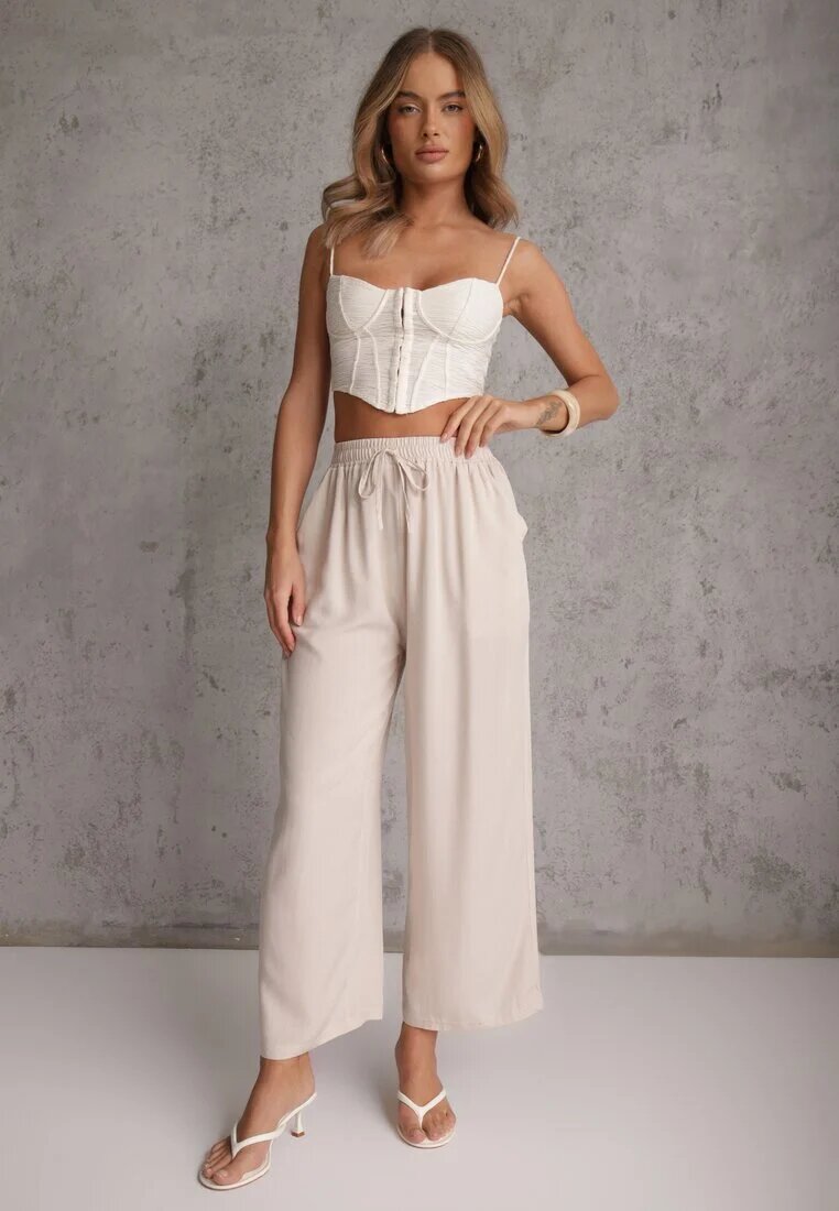 defox Pantaloni bej deschis din Bumbac tip Palazzo cu Elastic în Talie Fieana