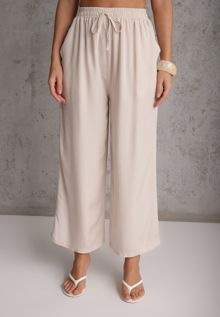 defox Pantaloni bej deschis din Bumbac tip Palazzo cu Elastic în Talie Fieana