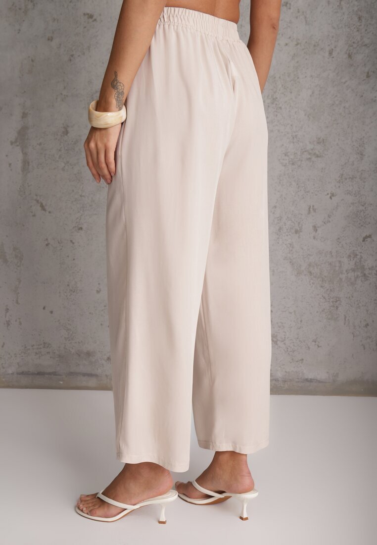 defox Pantaloni bej deschis din Bumbac tip Palazzo cu Elastic în Talie Fieana