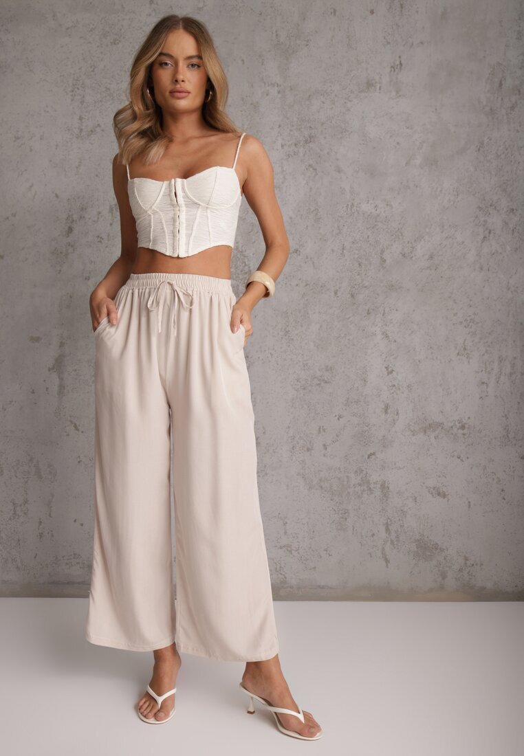 defox Pantaloni bej deschis din Bumbac tip Palazzo cu Elastic în Talie Fieana