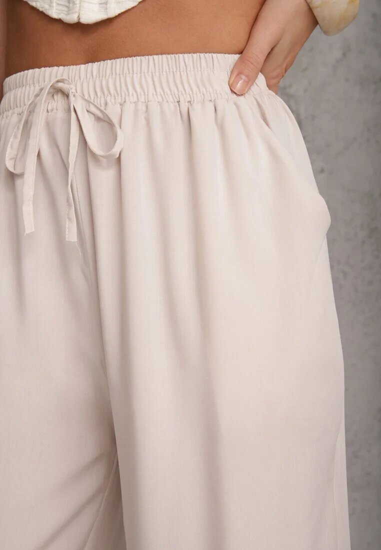 defox Pantaloni bej deschis din Bumbac tip Palazzo cu Elastic în Talie Fieana