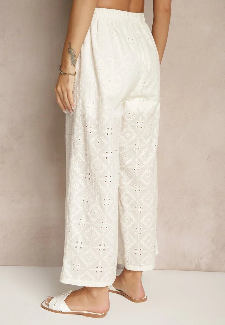 defox Pantaloni Bej deschis Talie înaltă din țesătură de bumbac decorați cu broderie Mevirona