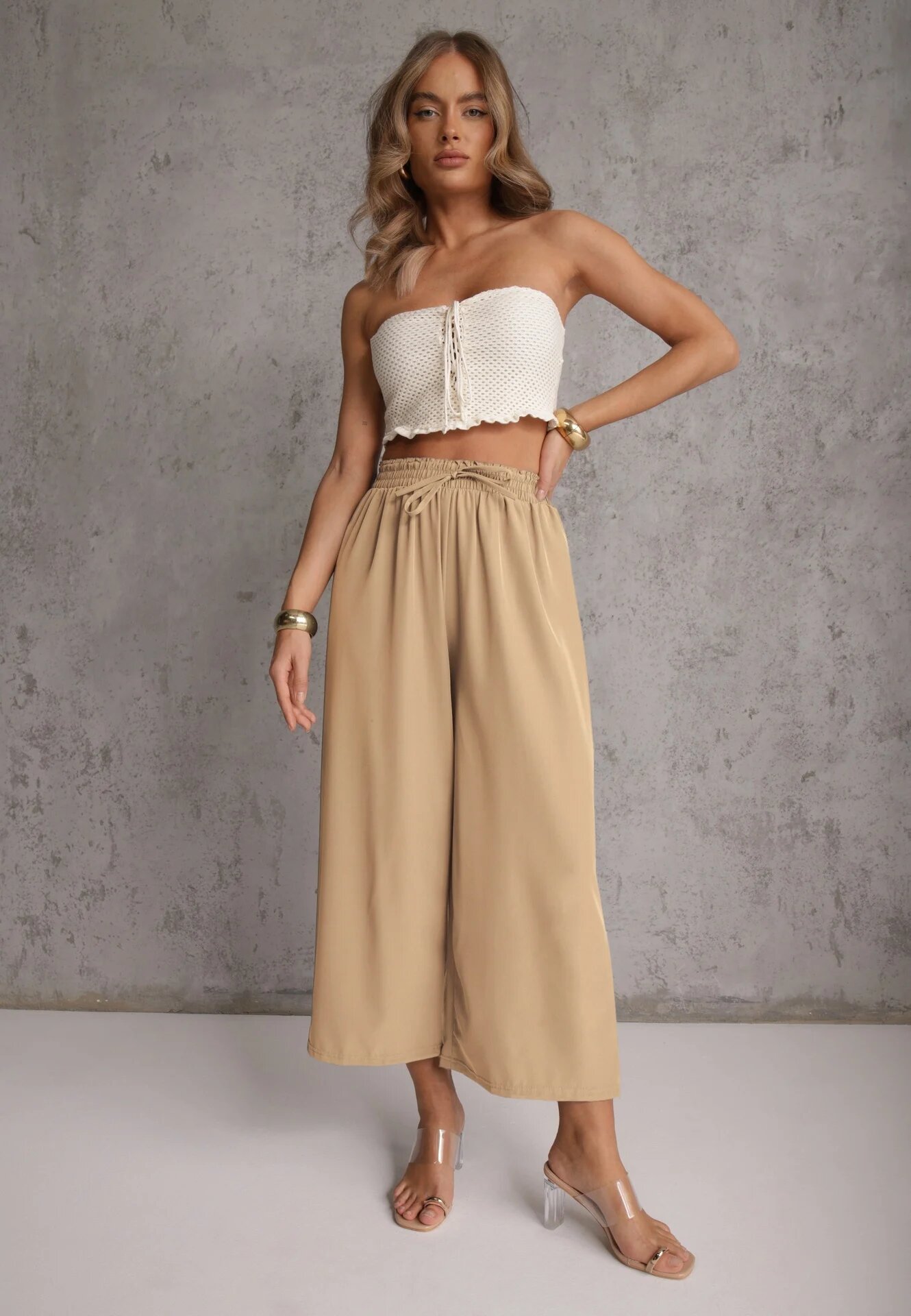 defox Pantaloni Bej High Waist cu Picioare Largi din Viscoză Finisați cu Elastic în Talie Crisantas