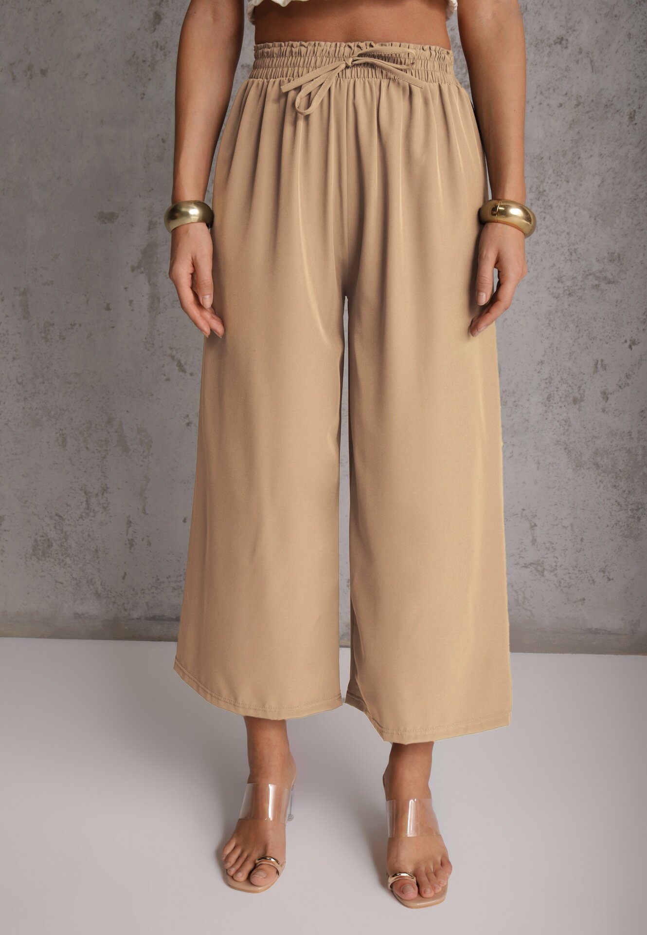 defox Pantaloni Bej High Waist cu Picioare Largi din Viscoză Finisați cu Elastic în Talie Crisantas