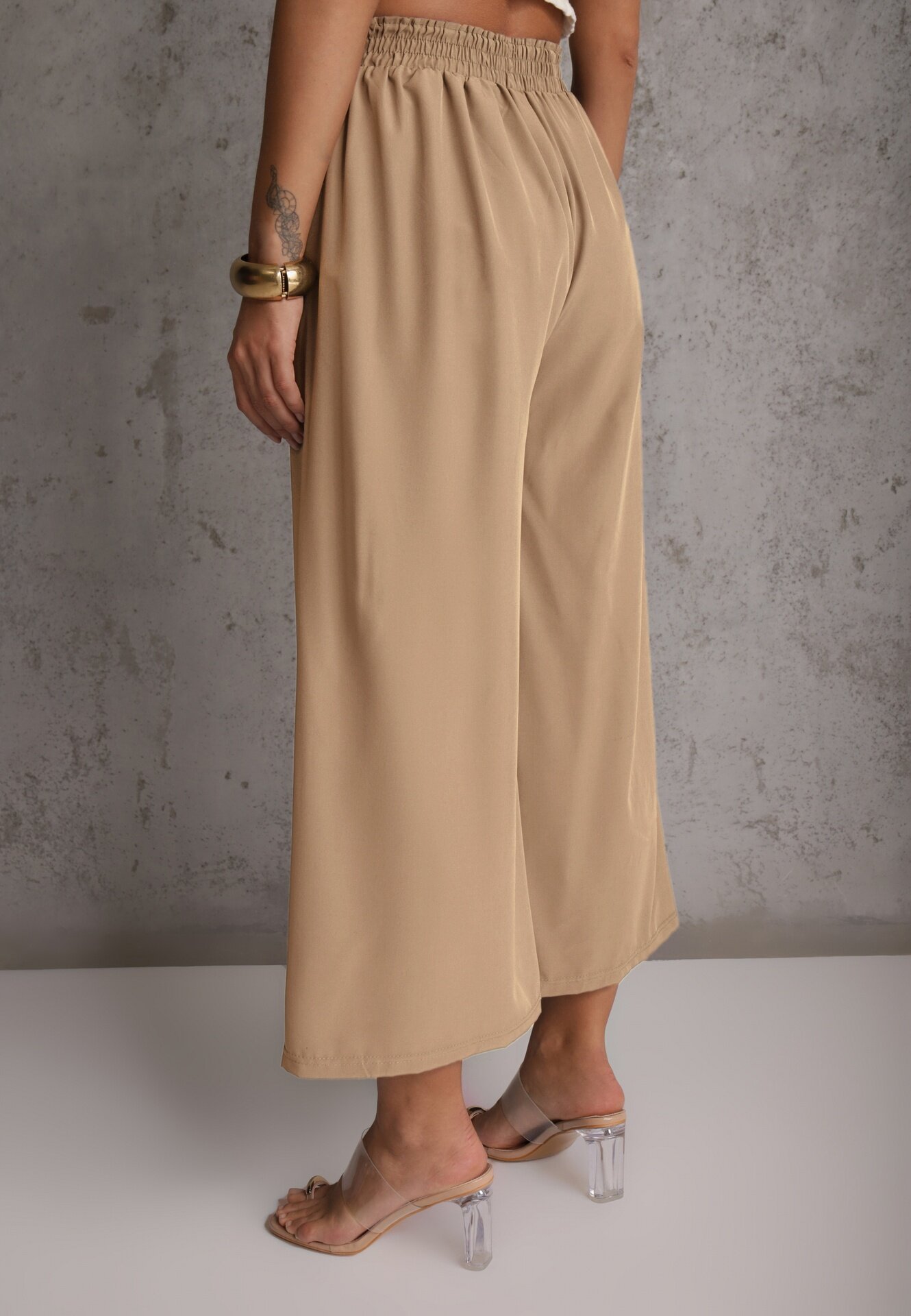 defox Pantaloni Bej High Waist cu Picioare Largi din Viscoză Finisați cu Elastic în Talie Crisantas